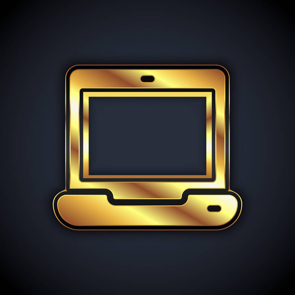 黒の背景に隔離されたゴールドノートパソコンのアイコン。空の画面表示のコンピュータノートブック。ベクトル - ベクター画像