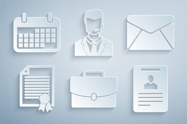 Set Briefcase, Envelope, Certificate template, Identification badge, Man with headset and Calendar icon. Vector - Διάνυσμα, εικόνα