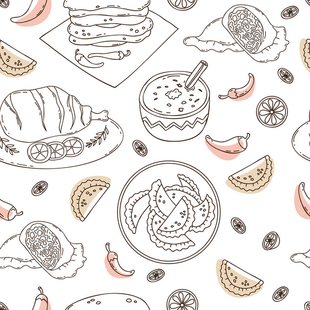 Seamless pattern with Mexican Empanadas, tortillas with chili peppers, grilled meat and rice pudding with cinnamon stick on white background. Vector illustration latin american food in doodle style - Vector, Image