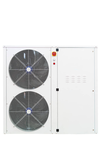 白地に隔離された空調システムの金属凝縮装置の設計温度制御の概念 - 写真・画像