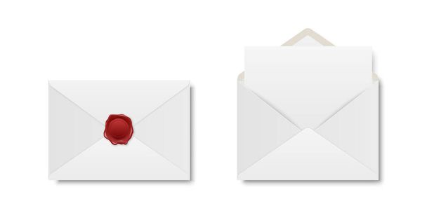 Vector Realistic White Closed Envelope with Red Wax Seal and Opened Envelope with Letter Inside. Folded and Unfolded White Envelope Icon Set Isolated. Message, Alert, Surprise, Secret Concept. - Vektor, Bild