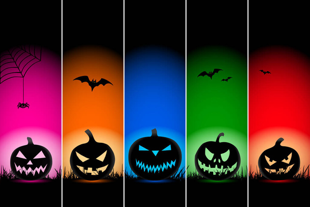 Composition of black silhouettes of Jack-o-lantern pumpkins with flying bats on grass against a multicolored background. Halloween party invitation, greeting card or wallpaper. - Vector, Image