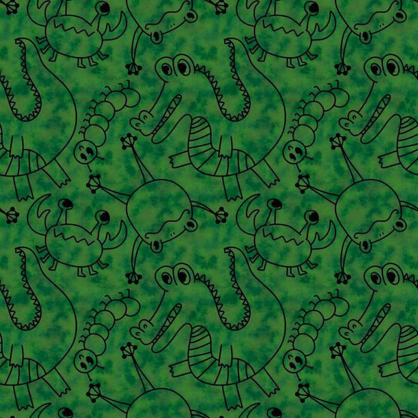 Cartoon doodle summer tropical animals seamless crocodile animals crabs and frogs animals caterpillars pattern for wrapping paper and kids clothes print and fabrics. High quality illustration - Fotó, kép