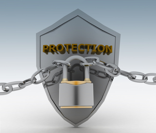 Chrome chain with a Padlock and Shield. Concept of protecting and security - Photo, Image