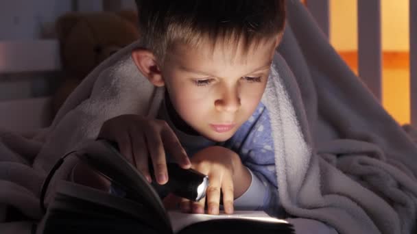 Closeup of boy holding flashlight reading book in bed. Children education, development, secrecy, privacy, reading books - Footage, Video