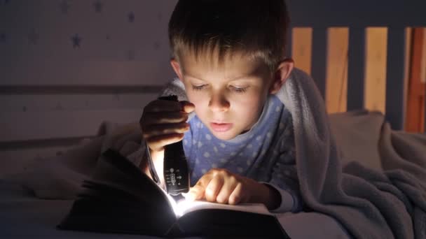 Portrait d'un garçon souriant lisant des livres avant d'aller dormir la nuit. Éducation des enfants, développement, secret, vie privée, lecture de livres - Séquence, vidéo