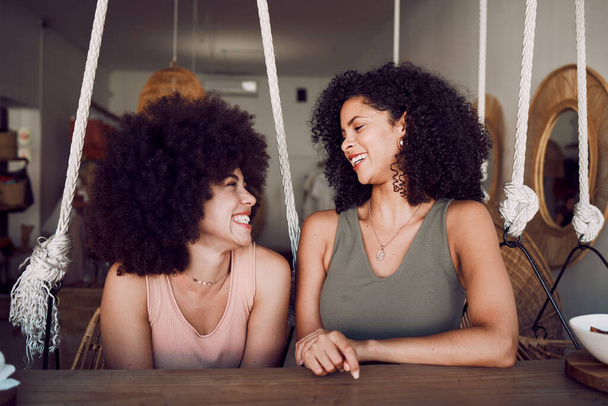Conversation, friends and happy or smile, chat and listening together in cafe. Black woman, happiness support and relax communication or speaking, giving advice or friendship bonding in coffee shop. - Photo, Image