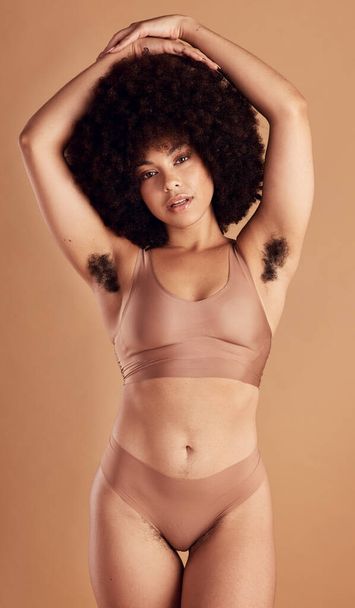 Beauty portrait, skincare and black woman body positivity in studio for dermatology wellness, self care and natural body care motivation in underwear. African woman, confident model and self love. - Fotoğraf, Görsel