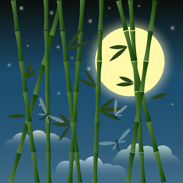 Иллюстрация с бамбуком и стрекозами на фоне ночного неба с луной, звездами и облаками для использования в оформлении открыток, приглашений, плакатов, баннеров, плакатов или рекламных щитов
 - Вектор,изображение