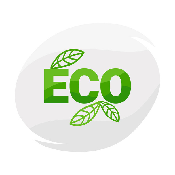 Eco logo lehtineen. Teksti Eco on harmaa tausta abstrakti muoto ja vihreä lehti. Vektoriesimerkki - Vektori, kuva