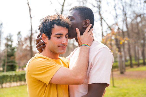 lgbt concept, couple of multiethnic men in a park kissing on the forehead in a sunset - Φωτογραφία, εικόνα