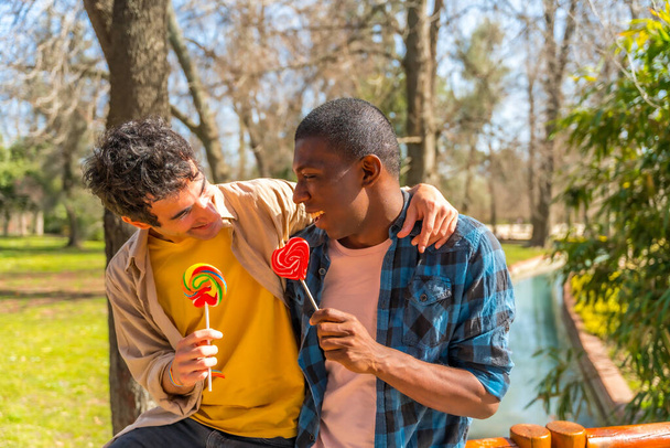 Couple of multi ethnic men eating a lollipop, lgbt concept, having fun and smiling in a park - Zdjęcie, obraz