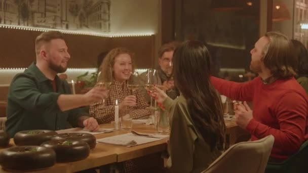 Χαρούμενη ομάδα ανθρώπων που κλυδωνίζονται ποτήρια κρασιού κατά τη συνάντηση δείπνο στο σύγχρονο γαστροκαφέ. Φίλοι περνούν ελεύθερο χρόνο ή το βράδυ του Σαββατοκύριακου, στέκι για πάρτι γενεθλίων στο εστιατόριο. Έννοια της δημόσιας κατανάλωσης - Πλάνα, βίντεο