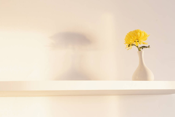yellow chrysanthemum in vase on white shelf on white background - Foto, Imagem
