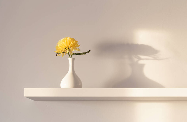 gelbe Chrysantheme in der Vase auf weißem Regal auf weißem Hintergrund - Foto, Bild