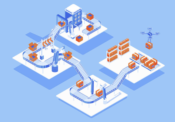 Automated industry concept 3d isometric web people scene with infographic. Robotic arms working in assembly line, sorting and packing, shipment by drone. Illustration in isometry graphic design - Photo, Image