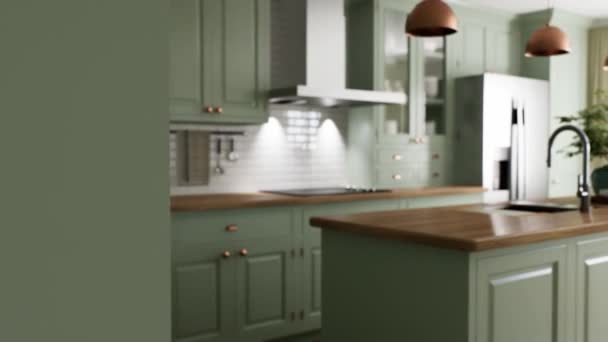 Interior de cocina verde con isla. Elegante cocina con encimeras de madera. Acogedora cocina de olivo con utensilios y electrodomésticos. Espacio de trabajo de la cocina. Animación 3D - Metraje, vídeo