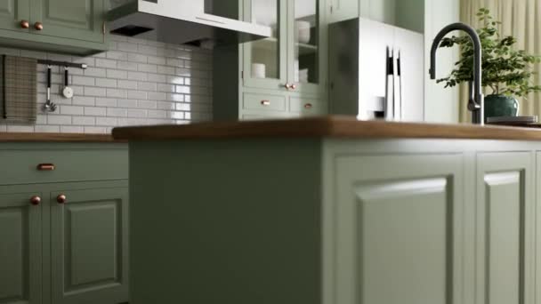 Interior de cozinha verde com ilha. Cozinha elegante com bancadas de madeira. Cozinha de azeitona acolhedora com utensílios e eletrodomésticos. Espaço de trabalho da cozinha. Animação 3D - Filmagem, Vídeo