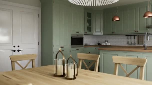 Zöld konyha belső sziget. Stílusos konyha fa munkalappal. Kényelmes olíva konyha evőeszközökkel és berendezésekkel. Egy étkezőasztal közelsége a konyha hátterében. 3D animáció - Felvétel, videó