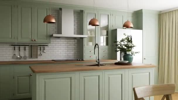 Cucina verde interna con isola. Cucina elegante con piani di lavoro in legno. Accogliente cucina olivastra con utensili ed elettrodomestici. Spazio di lavoro della cucina. Animazione 3D - Filmati, video