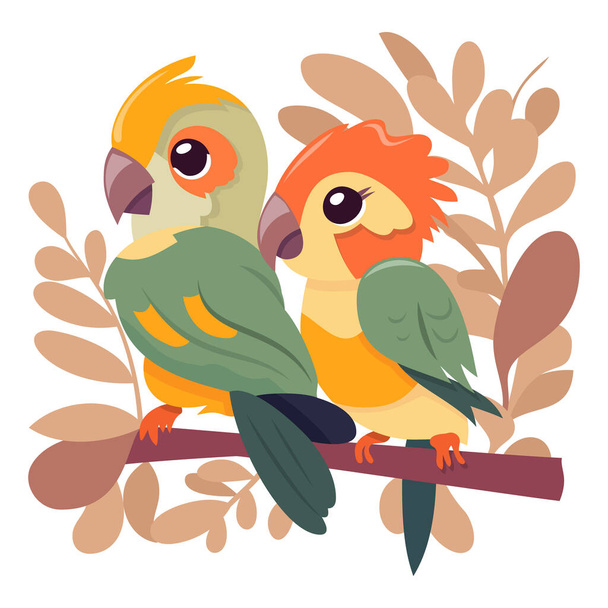 A cartoon vector illustration of two cute parrots perching on a tree branch. - Vektor, obrázek