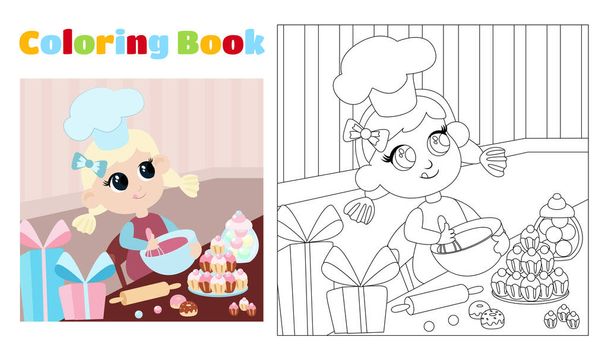 Παιδικό χρωματισμό κορίτσι στο καπέλο ενός σεφ ετοιμάζει επιδόρπιο. Χρωματισμός σελίδας για παιδιά ηλικίας 4-8 ετών στο νηπιαγωγείο και το δημοτικό σχολείο. Εικονογράφηση και ασπρόμαυρο περίγραμμα. - Διάνυσμα, εικόνα