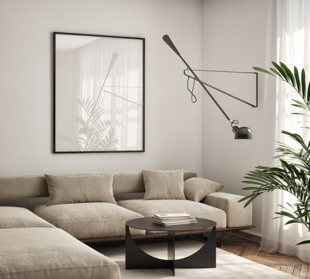 Σκελετός αφίσας στον τοίχο του σαλονιού. Πολυτελές διαμέρισμα φόντο με σύγχρονο σχεδιασμό. Μοντέρνα εσωτερική διακόσμηση. 3D render, 3D illustration. - Φωτογραφία, εικόνα