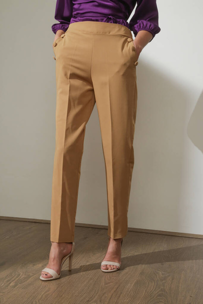 Modello femminile che indossa pantaloni alti casual smart beige. Studio girato. - Foto, immagini