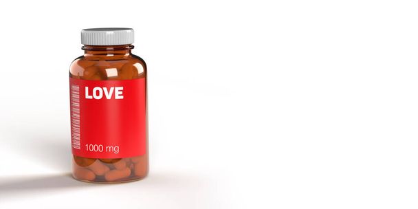 Red LOVE léky pilulky v injekční lahvičce s čárovým kódem na bílém pozadí, kopírovat prostor, výstřižek cesta. Emoční FAKE generoval koncept názvu léku. Zdravotní 3D vykreslení ilustrační design. - Fotografie, Obrázek