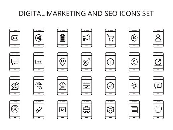 Conjunto de iconos de marketing digital, Smartphone, Teléfono móvil, Celular, Comunicaciones, Conjunto de iconos de marketing de redes sociales, Iconos SEO, Iconos de esquema con color blanco y negro para elementos de diseño - Vector, imagen