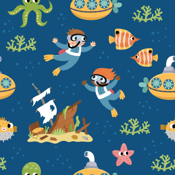 Vektor pod hladkým mořem. Opakujte pozadí s roztomilými rybami, řasami, potápěči, ponorkami. Digitální papír Ocean Life. Vtipné vodní zvířata a plevele ilustrace s pomačkaným shi - Vektor, obrázek