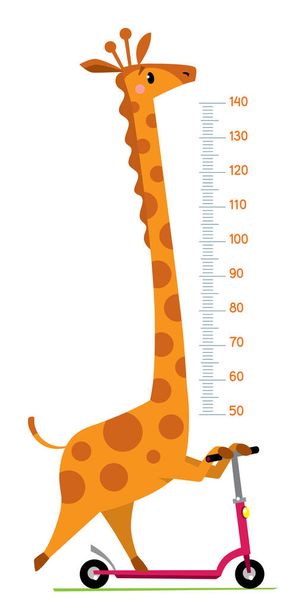 Iloinen hauska kirahvi skootterilla. Korkeuskaavio tai mittari seinään tai seinään tarra. Lasten vektorikuva asteikolla 50-140 senttimetriä kasvun mittaamiseksi - Vektori, kuva