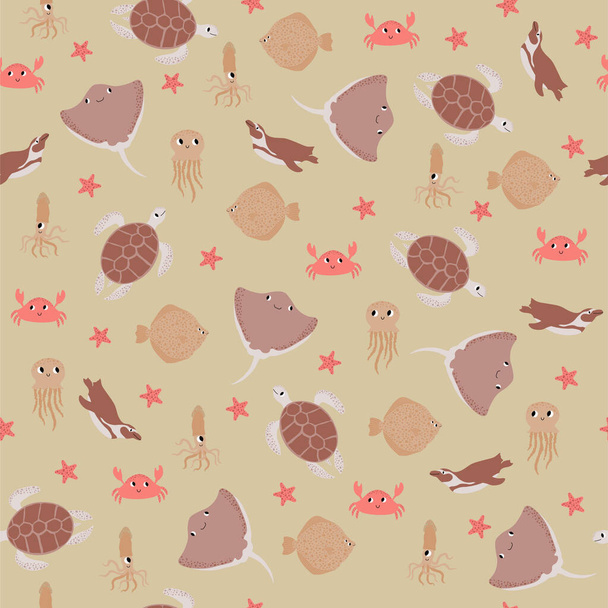 Vector seamless pattern with devilfish,crab,jellyfish,flounder,squid,penguin.Underwater cartoon creatures.Marine background.Cute ocean pattern for fabric, childrens clothing,textiles,wrapping paper. - Vector, Image