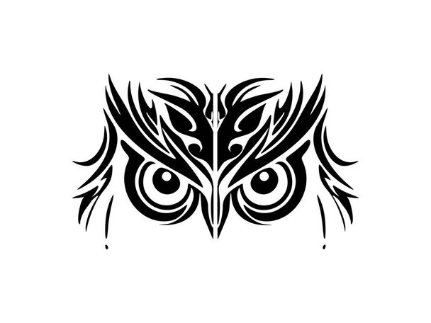 Polinezya tasarımlarıyla süslenmiş siyah beyaz baykuş yüzü dövmesi.. - Vektör, Görsel