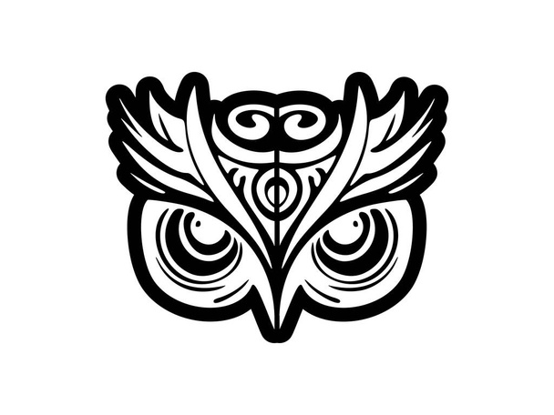 A black and white owl face tattoo with Polynesian motifs. - ベクター画像