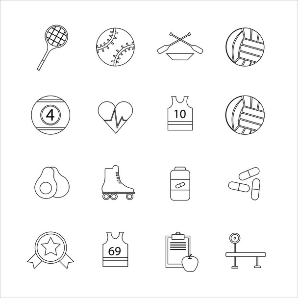 Colección de iconos con diferentes deportes y alimentación saludable en el diseño del esquema - Vector, imagen