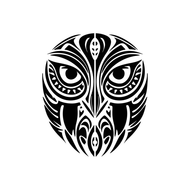 Tatuaje de búho monocromo adornado con obras de arte polinesias. - Vector, imagen