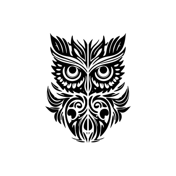 Tatuaje de un búho en blanco y negro con diseños polinesios. - Vector, Imagen