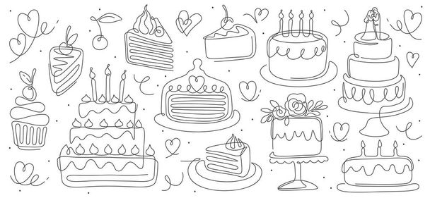 Торти на день народження в лінійному мистецтві. Безперервне мистецтво пекарні, кекс з вершками та шматочком пирога. Сучасні мінімалістичні десерти. Елементи дизайну
 - Вектор, зображення