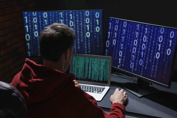 Hacker working with computers in dark room. Cyber attack - Фото, изображение
