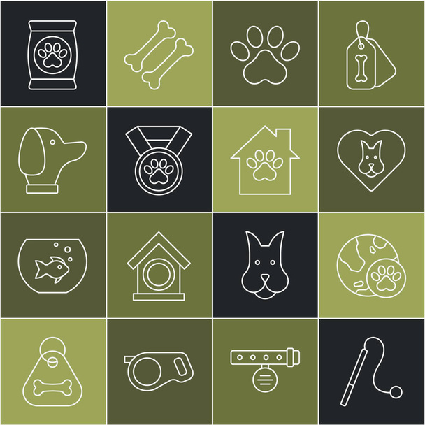 Set line Pet cat toy, World pet, Heart with dog, Paw print, award symbol, Dog, Bag of food for and house icon. Vector - Vector, Imagen