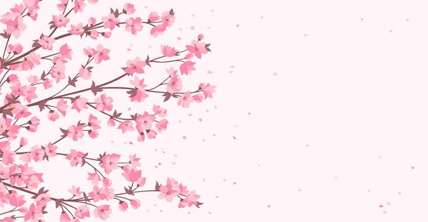 Kwitnący wiśnia gałąź z różowy kwiat sztandar, szablon lub karta. Elegancka japońska kwitnąca gałązka roślin z płatkami kwiatów. Azjatycka chińska wiosna kwitnie tle. Wektorowa ilustracja orientalna - Wektor, obraz