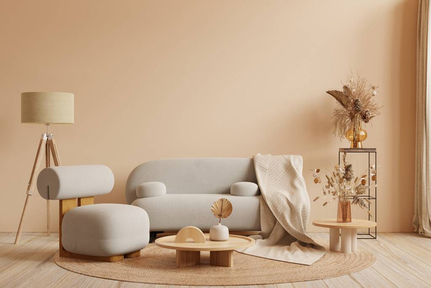 Boho stijl interieur met grijze bank en fauteuil op crème kleur muur achtergrond.3d rendering - Foto, afbeelding