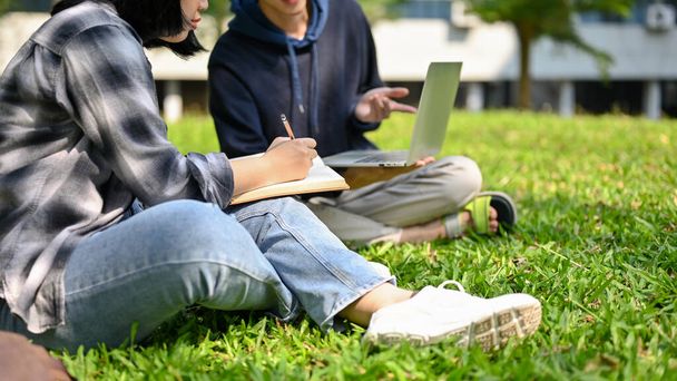Cropped image of an Asian female college student tutoring math to her male friend or working on schoolwork together in the university park. - Foto, Imagen
