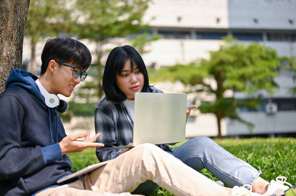 Two smart and happy Asian college students are discussing, looking at laptop screen and working on their schoolwork together in the campus park. - Valokuva, kuva