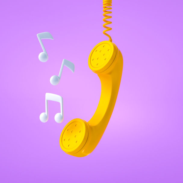 Receptores de teléfono colgantes con notas de sonido sobre fondo púrpura, centro de llamadas y concepto de tono de llamada. ilustración de renderizado 3d - Foto, Imagen