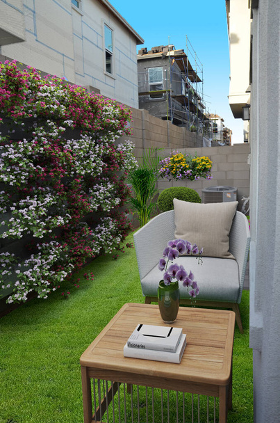 beautiful garden with flowers and chair, 3d rendering design - Foto, imagen