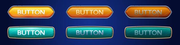 Medieval ui game orange button with metal frame sprite for animation. Fantasy rpg title sign design on dark background. Isolated retro interface banner element assets. Vintage scratched green bar icon - Vettoriali, immagini