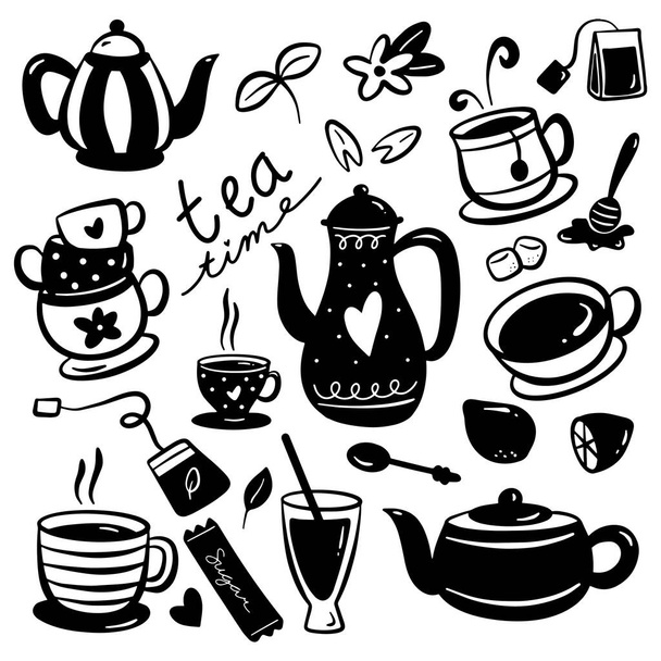 Set of tea time doodle icons isolated on white background - Vektör, Görsel