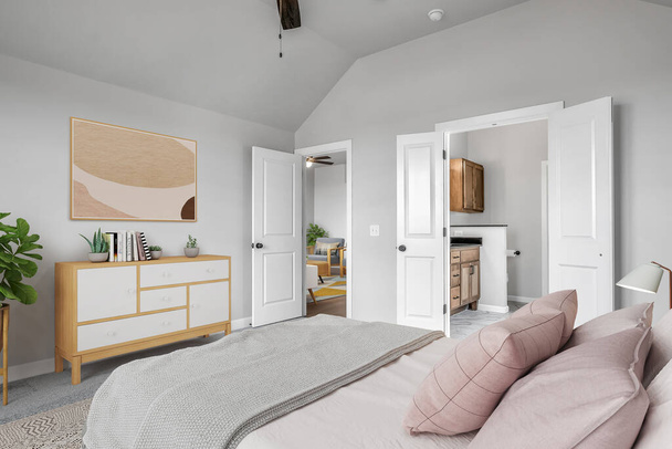 interior of modern bedroom with comfortable bed. 3d rendering - 写真・画像